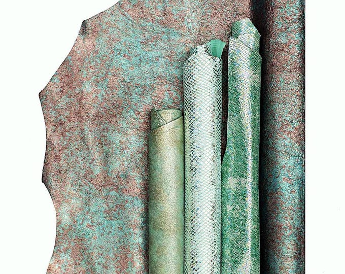 Assortment of 4  green leather hides, pack of matching printed, metallic and holographic goatskin hides for hobbyists B18998-MT(ST)