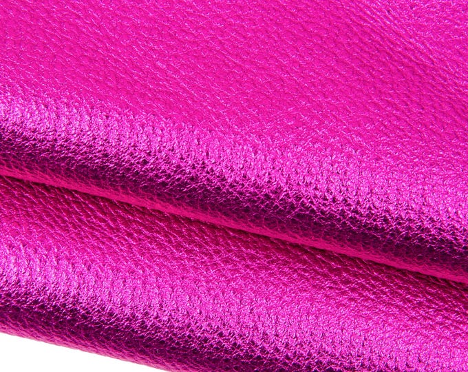 Fuchsia METALLIC leather hide, pebble GRAIN printed hot pink cowhide, bright soft calfskin, 1.2 - 1.3 mm B18516-MT La Garzarara