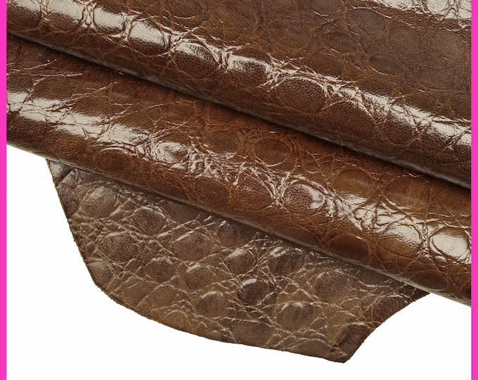 Brown CROCODILE embossed leather skin, glossy croc printed goatskin, stiff hide with print B15880-ST La Garzarara