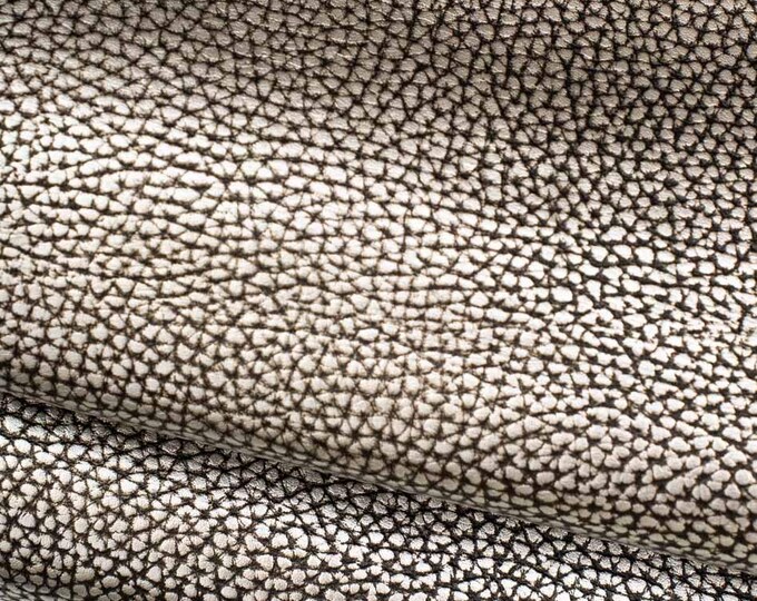 Silver - black PEBBLE GRAIN printed leather hide, metallic sparkle cowhide, tumbled soft bright calfskin B19600-MT(st) La Garzarara