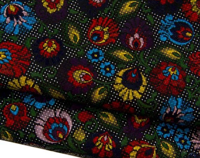 MULTICOLOR FLORAL textured leather skin, colorful glossy flower print on black suede goatskin, ideal for diy projects B17583-ST La Garzarara