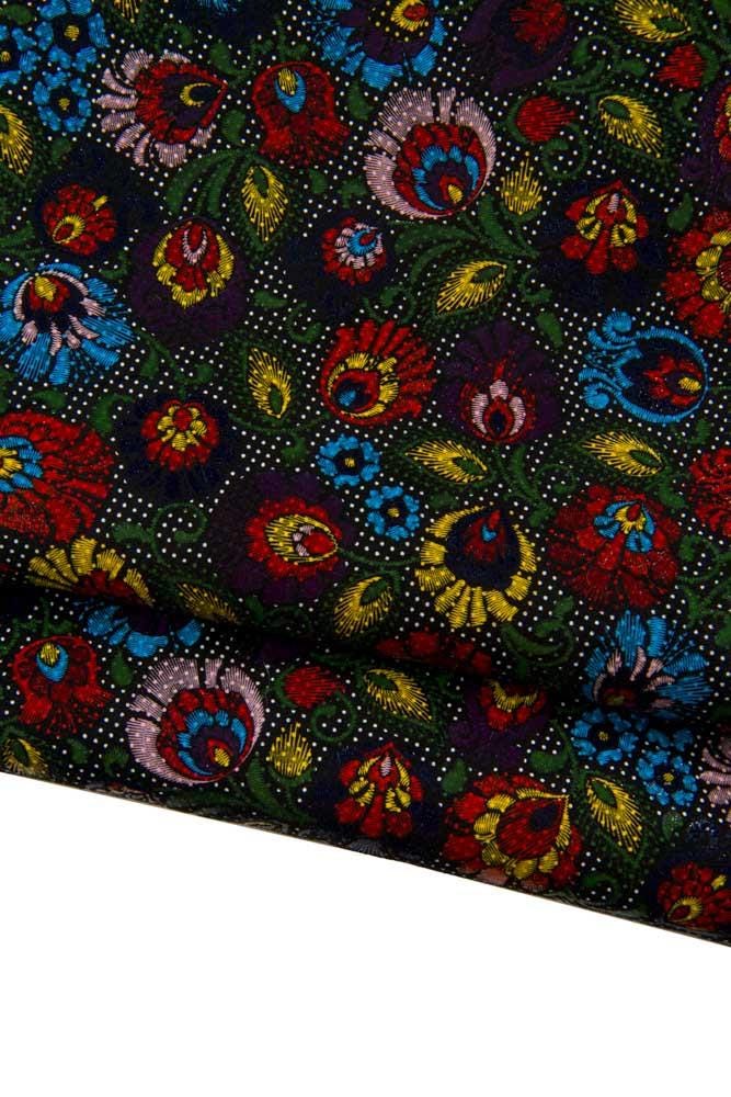 MULTICOLOR FLORAL textured leather skin, colorful glossy flower print on black suede goatskin, ideal for diy projects B17583-ST La Garzarara