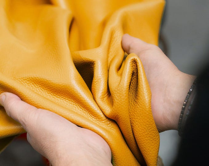 Ochre yellow calf leather hide textured grain full cowhide skin for upholstery vintage furniture, large bags   1.5 - 1.7 mm  La Garzarara