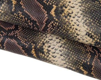Vintage Python leather skin, brown yellow SNAKE printed goatskin, animal reptile pattern on soft hide B17489-ST  La Garzarara