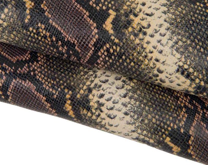 Python textured leather skin, brown yellow SNAKE printed goatskin, animal reptile pattern on soft hide B17489-ST  La Garzarara