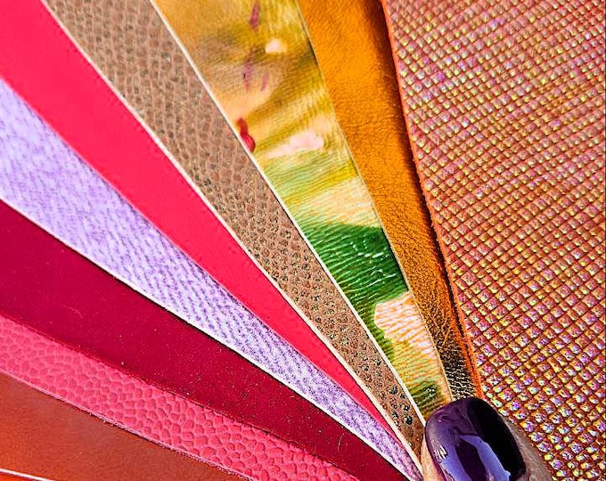 10 Selected leather scraps, ORANGE and PINK, printed and metalic printed,mix selection leather pieces as per pictures RT278  La Garzarara