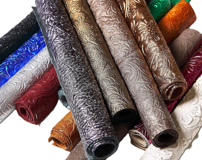 CHARRO embossed leather scraps in assorted colors, 10 random printed metallic and not tones  10x8" / 25x20 cm      RT304 La Garzarara