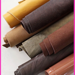 7 ritagli di pellami unici selezionati, palette autunno verde, marrone, giallo, rosa, pezzi di pelle come da foto RT119    La Garzarara