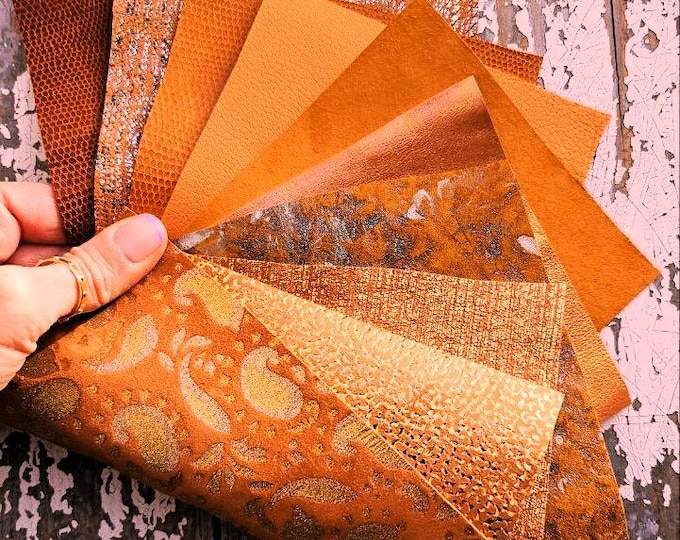 10 Selected leather scraps, ORANGE and LIGHT BROWN tones, mix colorful selection leather remnants as per pictures  RT202  La Garzarara