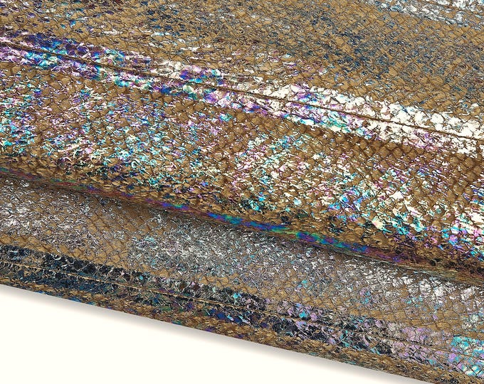 Light brown HOLOGRAPHIC leather hide, multicolor metallic print on SALMON band, soft material B17898-MT(st)   La Garzarara