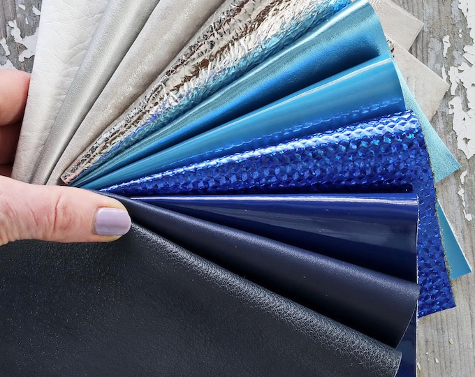Blue Grey White Leather Scraps - 10 Assorted Textures Metallic Smooth & Solid leather pieces B1543   La Garzarara