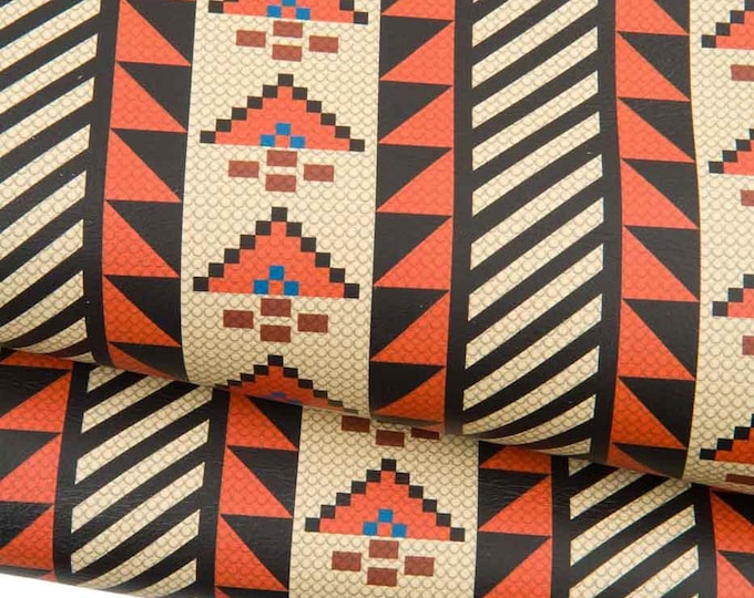 TRIBAL print on leather hide, multicolor geometrical textured cowhide, soft matt calfskin for crafters B18859-ST  La Garzarara