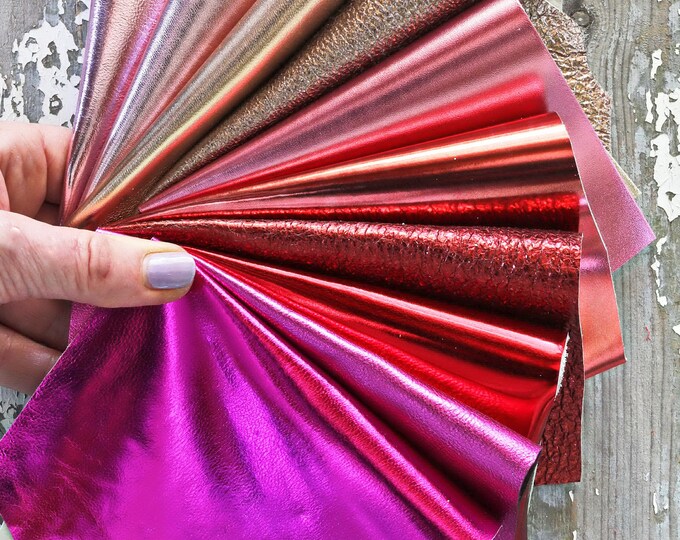 10 RED PINK metallic leather scraps, smooth,SOLID tone, grain, thicknesses, softness various, random assortment     B1536  La Garzarara