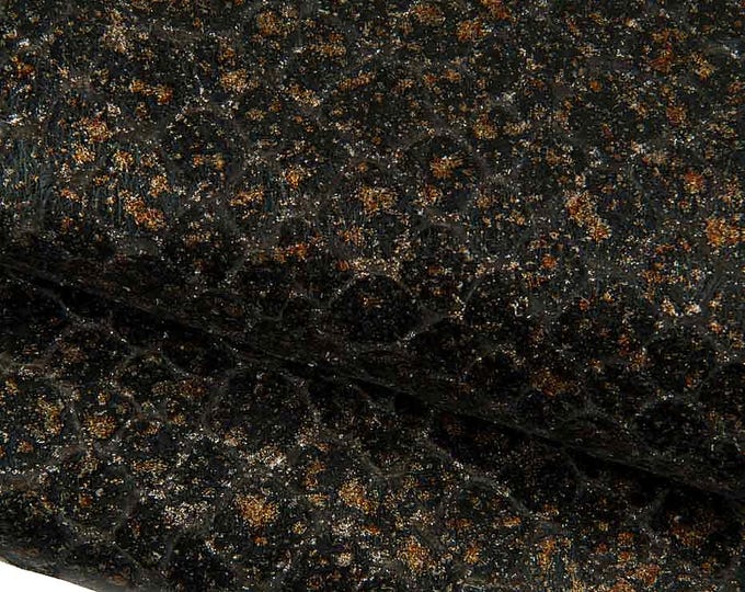Metallic CROCOCDILE embossed leather hide, black alligator printed skin with bronze SPECKLED pattern, 1.1-1.3 mm B19306-MT(st) La Garzarara