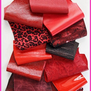 Sacchetto di ritagli di pelle miste, color ROSSO, stampe, fantasie e morbidezze varie   0,300 kg   B1250   La Garzarara
