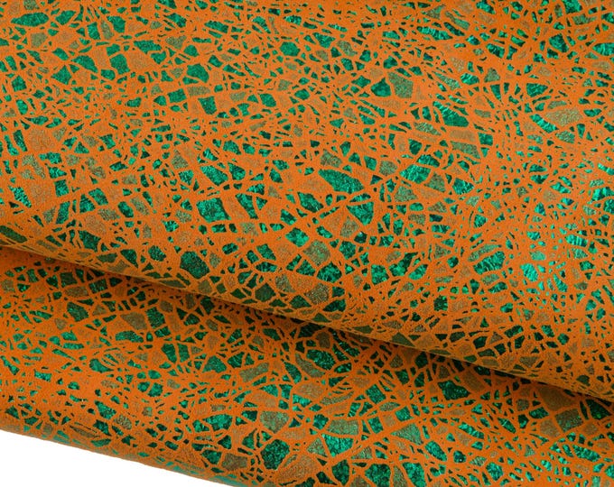 Orange - green CRACKLE printed leather skin, METALLIC suede goatskin, soft textured material for diy projects B19067-MT(st) La Garzarara