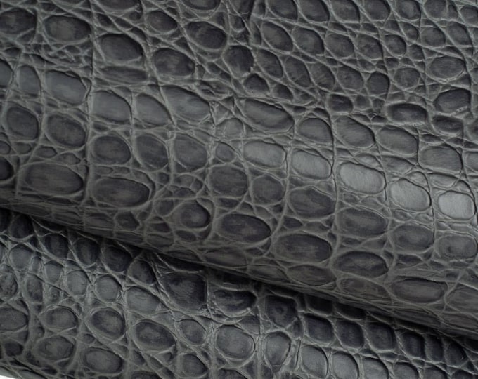 Grey CROCODILE embossed leather hide, alligator printed glossy cowhide, animal pattern on calfskin, for crafters B19609-ST La Garzarara