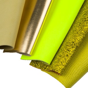 10 Ritagli di pellami unici selezionatI, toni ORO e GIALLO, pezzi di pelle assortimento come da foto   B1555  La Garzarara
