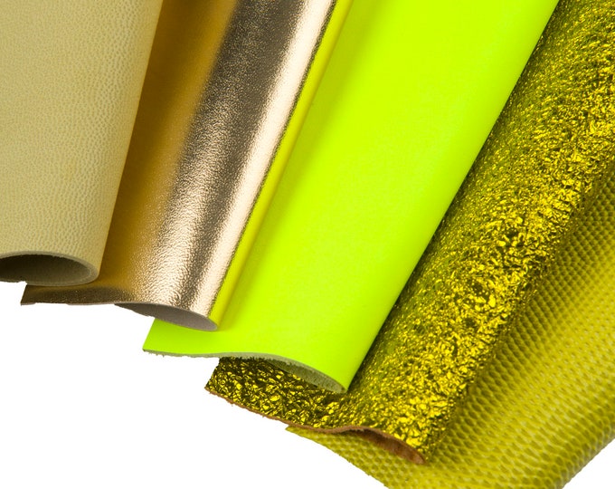 10 Selected leather scraps, GOLD and YELLOW color, mix colorful selection leather remnants as per pictures  B1555  La Garzarara
