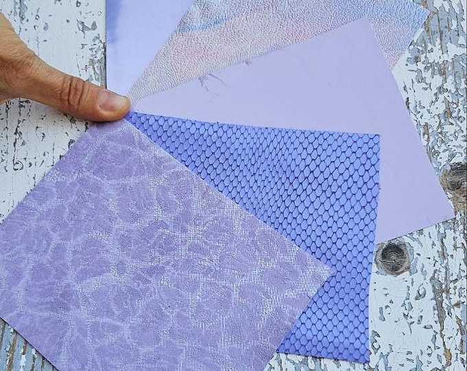 5 Selected leather scraps, VIOLET LAVENDER LILAC tones, printed and metalic printed, mix selection leather remnants as per pictures RT332