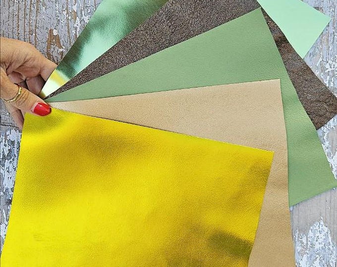 5 Selected leather scraps, GREEN, YELLOW and GOLD tones, metallic mix selection leather pieces as per pictures 10x8" / 25x20 cm  RT258
