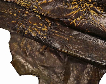 COURO artesanal verde marrom brilhante enrugado - pele de cordeiro enrugada enrugada - couro especial B13543-VT La Garzarara