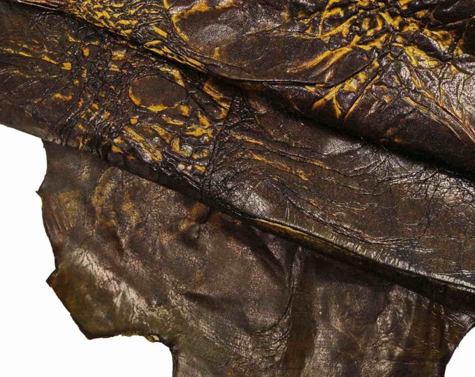 Hand crafted WRINKLED leather skins - distressed brown green yellow  lambskin -vintage hides   B13543-VT La Garzarara