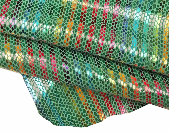 Multicolor STRIPES printed leather skin, green, yellow and orange snake texture and metallic soft suede goatskin B16169-MT(ST) La Garzarara