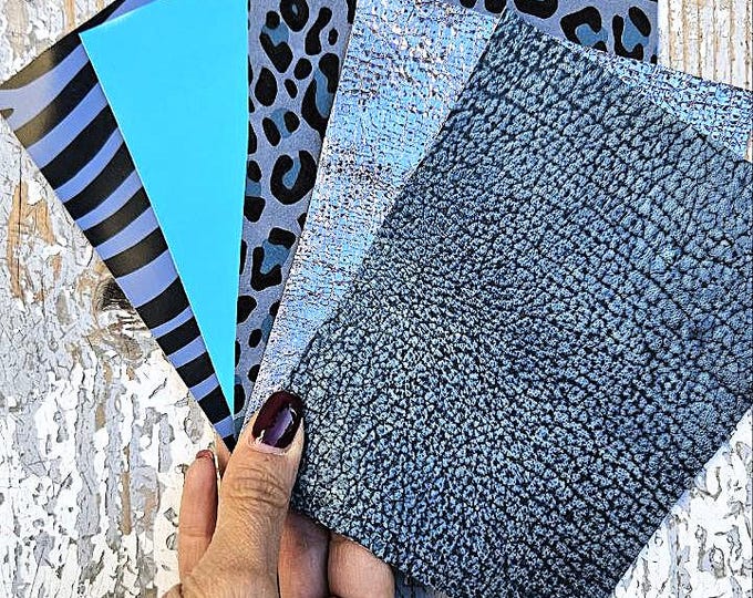 5 Selected leather scraps, BLUE tones, printed and metalic printed,mix selection leather pieces as per pictures RT241  La Garzarara