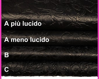 Black floral embossed leather skin, black washed, vegetable sheepskin with flower print, medium softness, 3 prints b14749-st