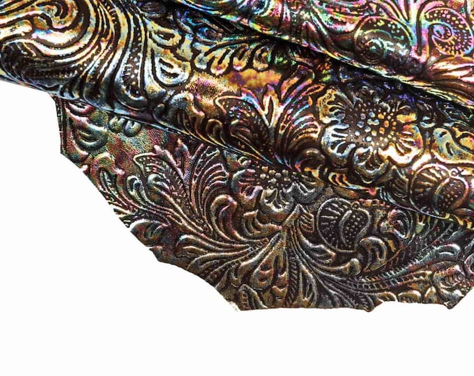 HOLOGRAPHIC floral embossed leather hide, charro flower print on metallic cowhide, soft sparkle calfskin B13753-MT(ST) La Garzarara