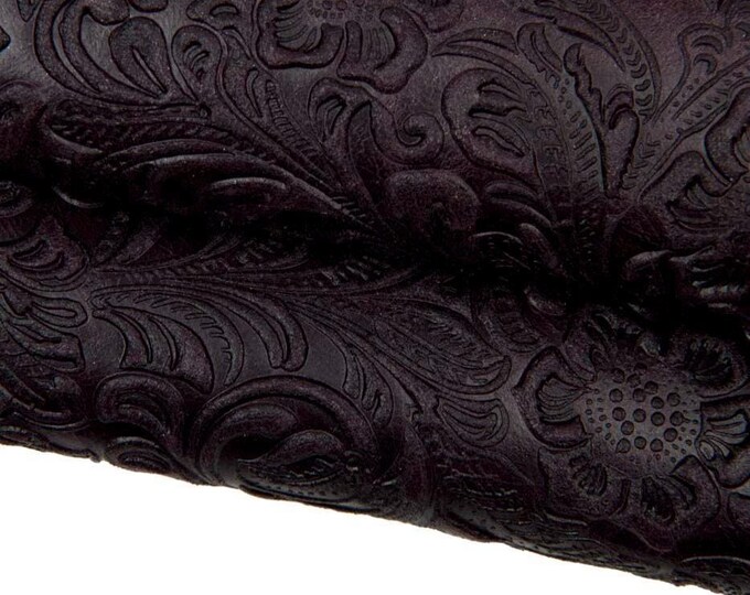 Dark purple CHARRO printed leather hide, floral embossed calfskin, soft cowhide for DIY creations B17887-ST   La Garzarara
