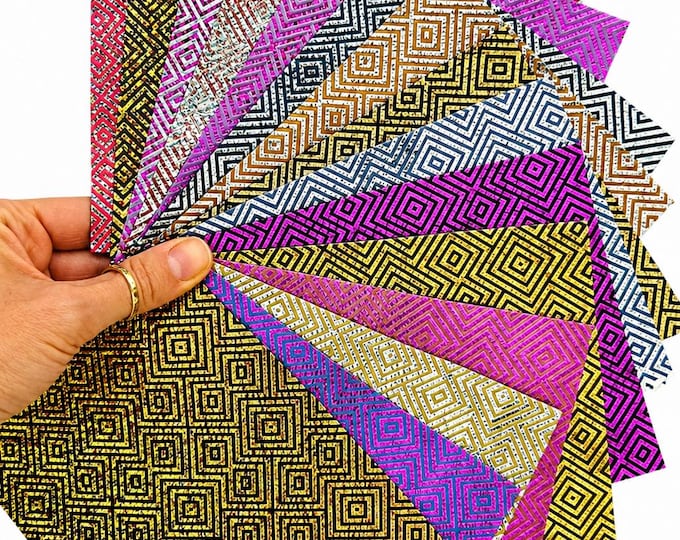 Geometric Leather Scraps, Metallic Foil Pattern Offcuts, Colorful Diamond Print Leather Pieces 6x5" / 15x12 cm  RT263