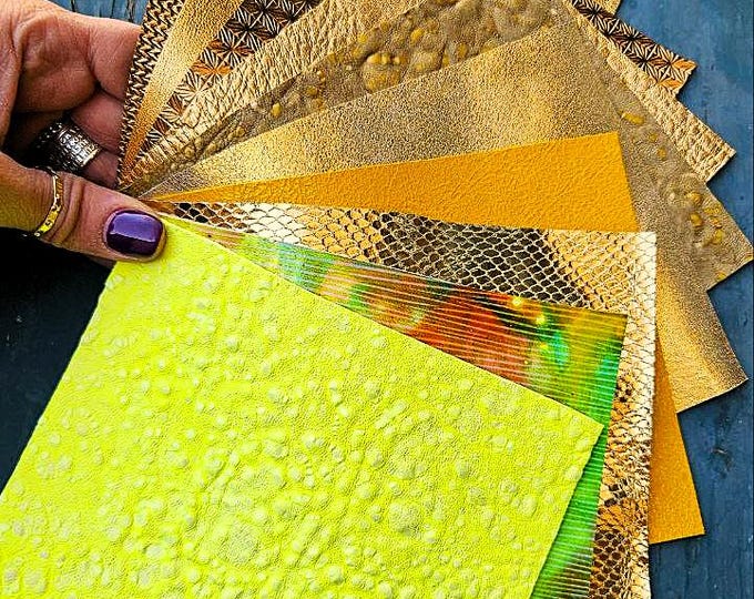 10 Selected leather scraps, GOLD tones, printed and metalic printed,mix selection leather pieces as per pictures RT274  La Garzarara