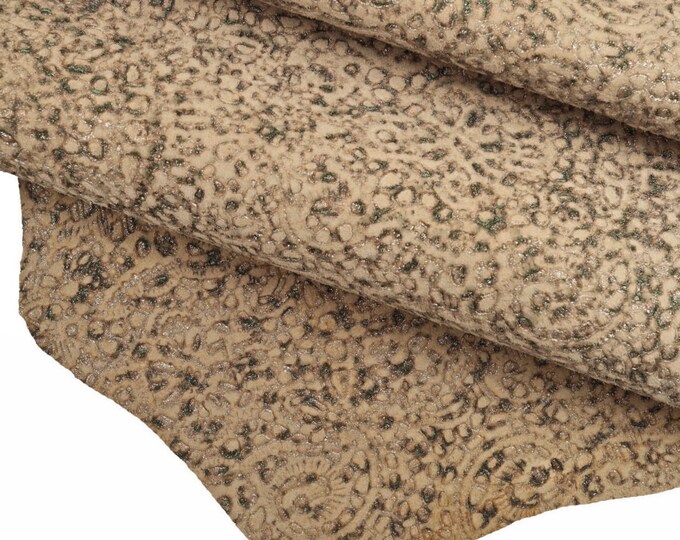 BAROQUE leather skins, grey metallic printed suede, silver pink gold dark green paisley textured goatskin hides   B11692-MT(st) La Garzarara