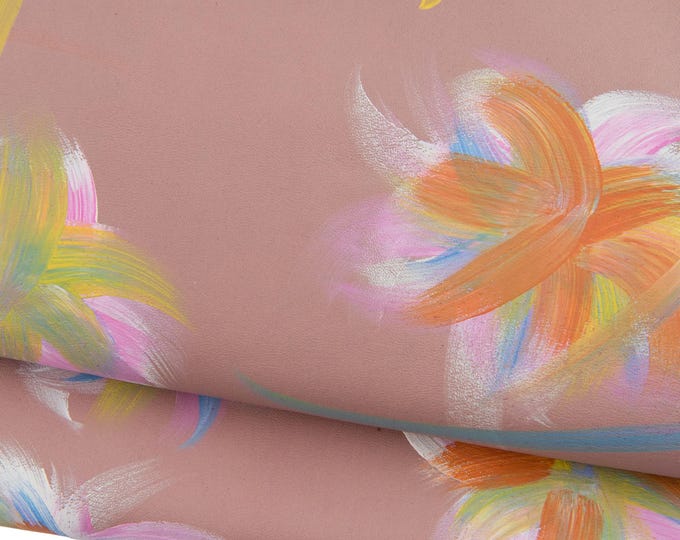 FLORAL printed leather skin, MULTICOLOR flower texture on pink soft lambskin, hand painted material for diy projects B19029-DM La Garzarara