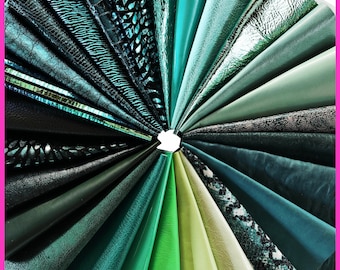 Leather sheets GREEN, pre cut leather pieces random selection, mix metallic, printed cut off B14385-PZ La Garzarara