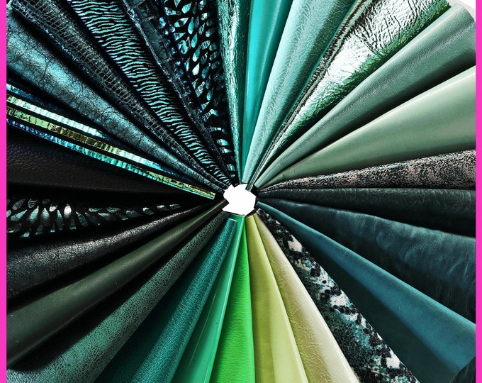 Leather sheets GREEN, pre cut leather pieces random selection, mix metallic, printed cut off B14385-PZ La Garzarara