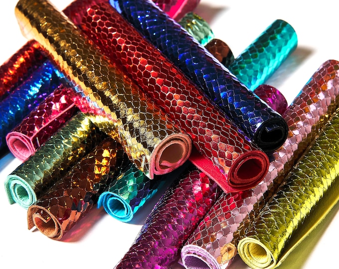 Metallic PYTHON printed leather scraps in bright colors - 10 random leather pieces 6x5" / 15x12 cm      RT306 La Garzarara