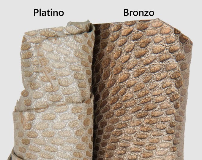 Metallic Lizard Leather Hide, Platinum  Bronze Italian reptile Leather, Soft glossy snake goatskin B18751-MT(st) La Garzarara
