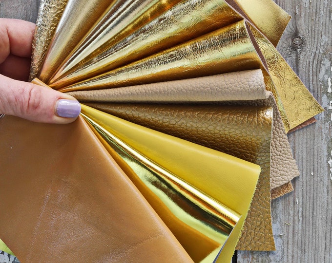 10 Leather scraps Gold, Yellow and Beige metallic and NOT, smooth, solid tones, grains various, random assortment  B1531  La Garzarara