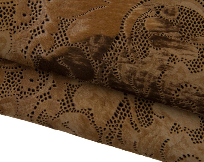 Floral PIERCED hair on leather hide, brown soft pony calfskin, floral texture, vintage look B17433-CV La Garzarara