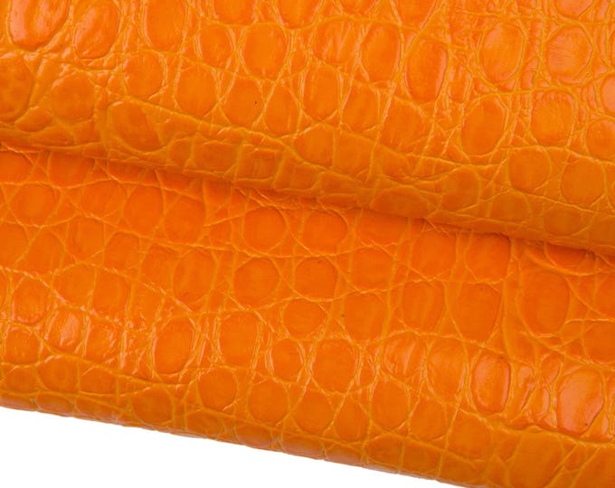 Orange CROCODILE embossed leather hide, glossy STIFF calfskin, top quality printed cowhide for crafting B17995-ST La Garzarara