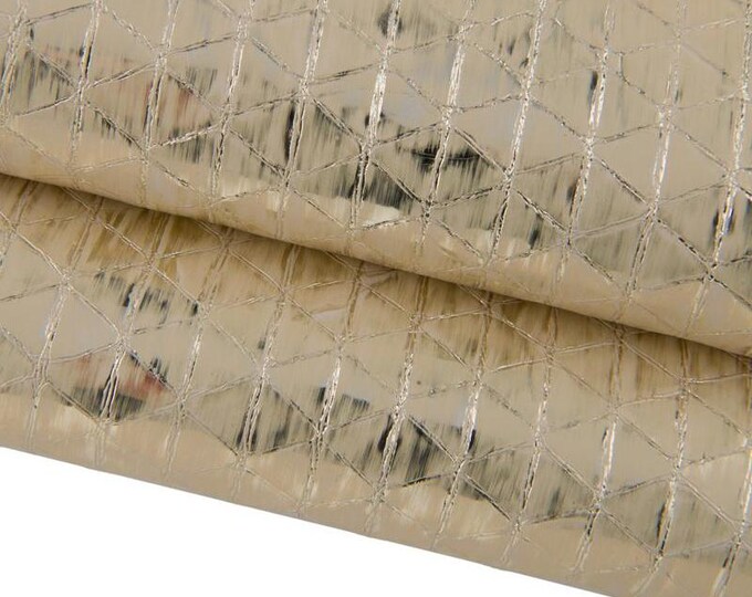 Light gold metallic leather hide, GEOMETRICAL printed goatskin, soft bleached skin B17359-MT(ST) La Garzarara