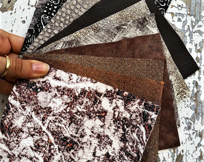 10 Selected leather SCRAPS, brown tones, mix METALLIC printed selection of leather remnants as per pictures  RT34/B La Garzarara