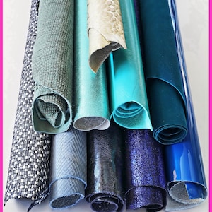 Leather bundle, Lot of 10 RANDOM blue, GREEN full leather hides, stock of smooth metallic printed matching skins B14838-ST La Garzarara