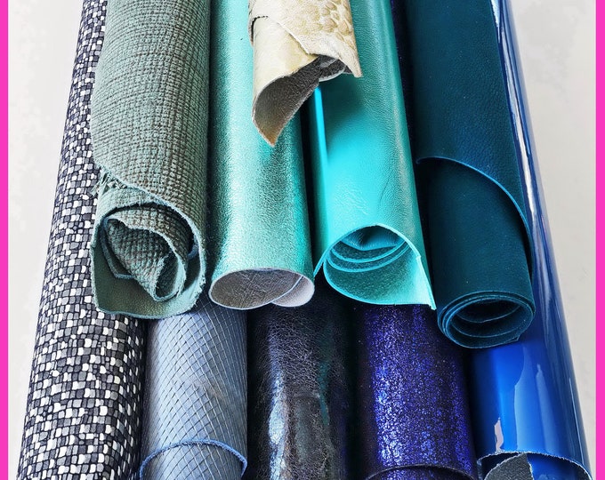 Leather bundle, Lot of 10 RANDOM blue, GREEN full leather hides, stock of smooth metallic printed matching skins B14838-ST La Garzarara