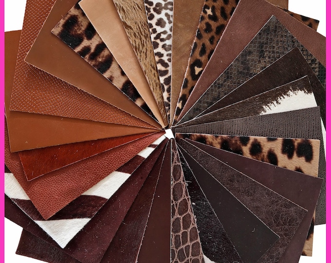 Stock of 12 MIXED PIECES brown, tan, dark brown, pre cut leather hide, printed, metallic random selection, 5x6 inches B14459-PZ La Garzarara