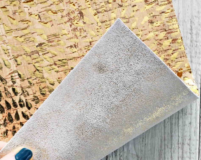 Metallic gold Print cork sheets - cork applied on beige cowhide leather for earrings   B809