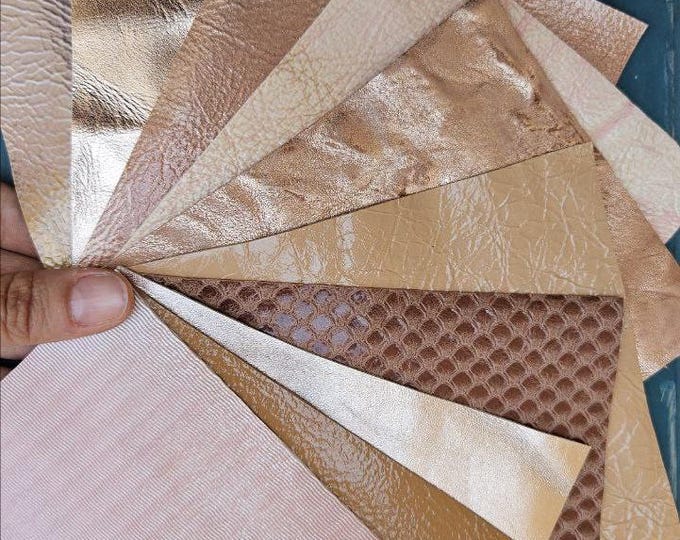 10 Colorful printed leather scraps SELECTED selection, PINK BROWN, various prints, leather offcuts  6x5" / 15x12 cm  RT352